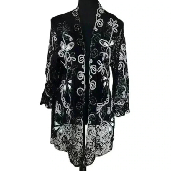 Black Lace Cardigan w/ Rope Floral Accents, size Medium - Picture 1 of 3